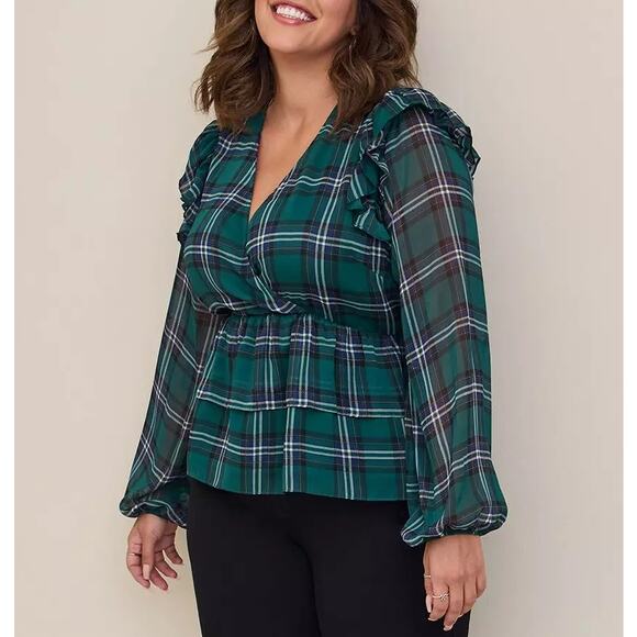 Torrid Chiffon Ruffled Surplice Crop Top Long Sleeve Plaid Green Womens Size 1 - Picture 1 of 8